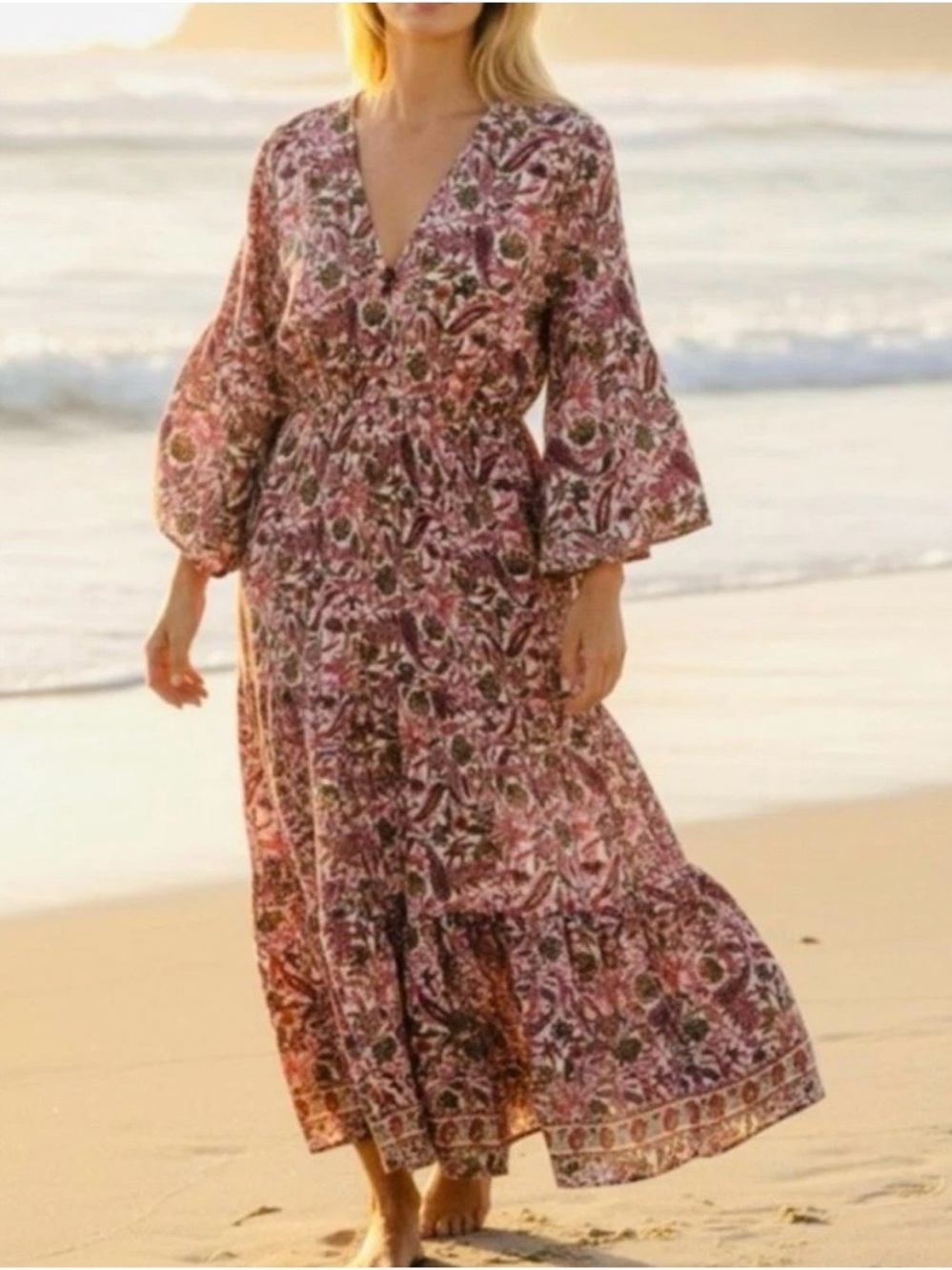 Bohemian Floral V-Neck Maxi Dress with Cinched Waist